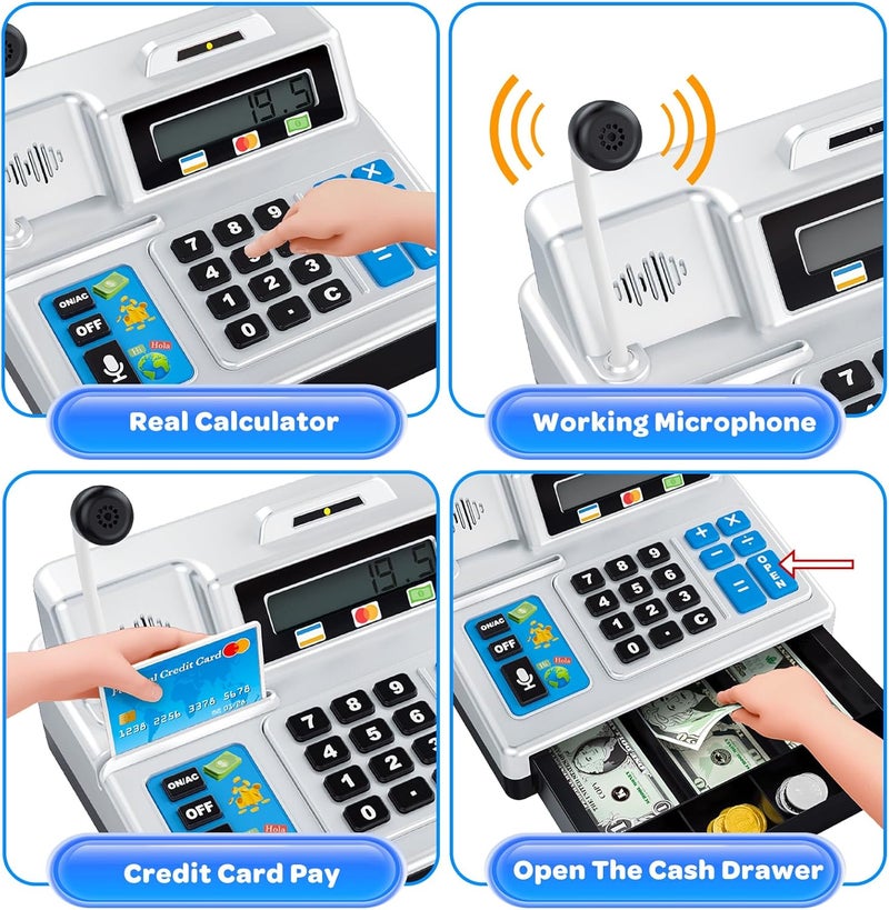 BAODLON Calculator Cash Register - 103 Pcs Toy Cash Register, Store Set with Microphone, Credit Card and Banking for Kids, Toddler Math Learning Toys, Preschool Gifts for 3, 4, 5, 6, 7, 8+ Years Old Boy Girl - Image 3